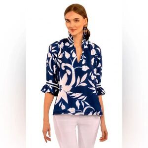 Gretchen Scott Designs Navy and White Leaf Print Blouse